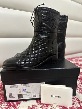 CHANEL Black Quilted Crumpled Calfskin Leather Short Boots with CC Logo